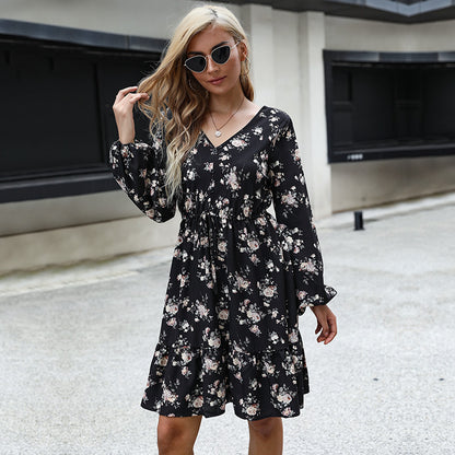 IKEARLAX cross-border  trade autumn   floral v-neck long-sleeved skirt lace-up A-word  dress women