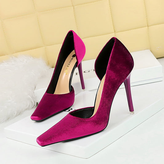 IKEARLAX 2025 3287-2 2025 style banquet high heels women's shoes thin heels high heels Xishi suede shallow mouth square head side hollow single shoes