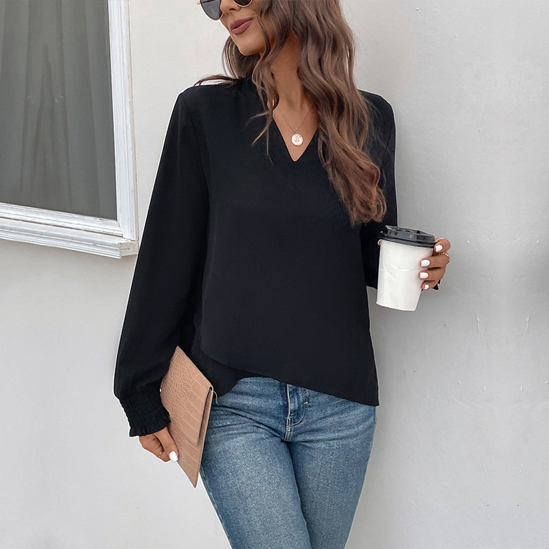 IKEARLAX New autumn  2025 trade temperament capable women's shirt 2025 cross-border solid color V-neck women's shirt