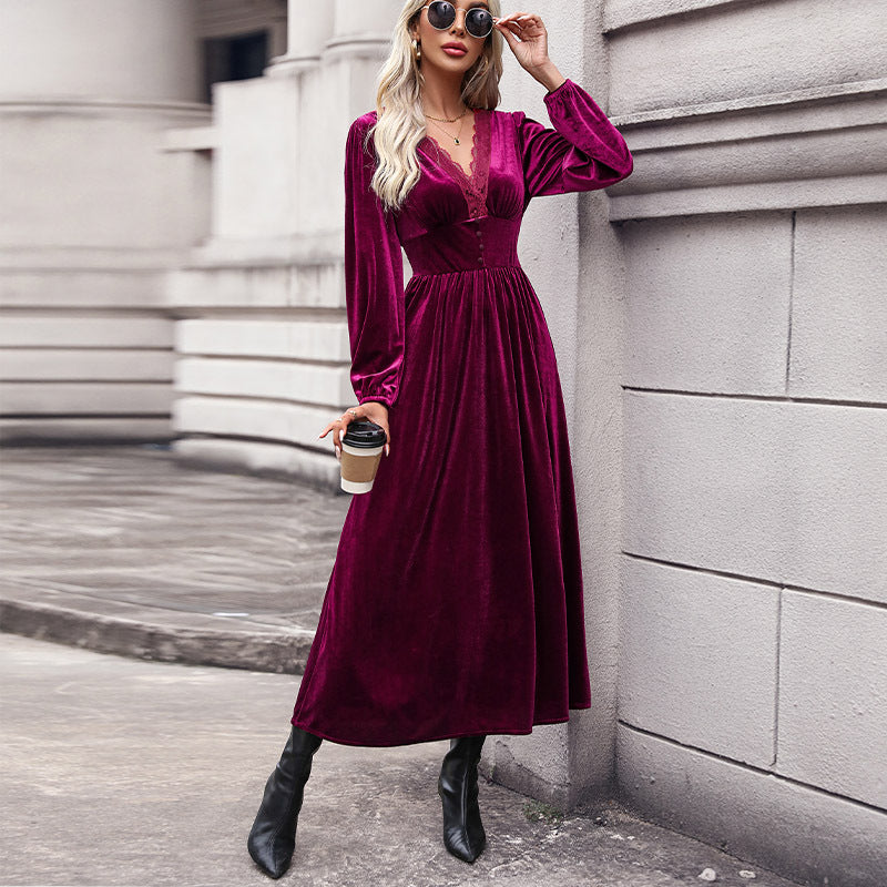 IKEARLAX 2025 cross-border women's clothing autumn and winter lace splicing dress new elegant velvet Valentine's Day dress