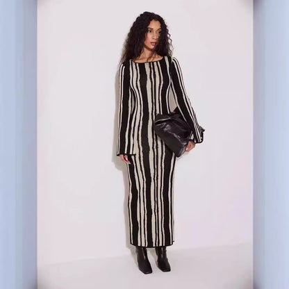IKEARLAX Stacked European, American autumn and winter new women's clothing cross-border  horn sleeve dress printed knitted dress