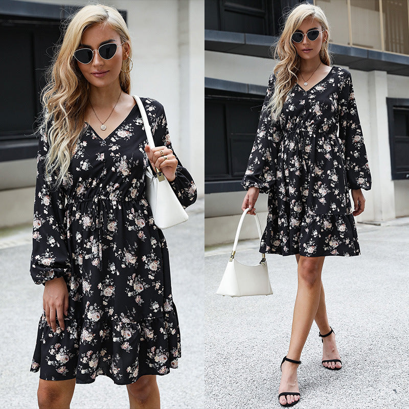IKEARLAX cross-border  trade autumn   floral v-neck long-sleeved skirt lace-up A-word  dress women