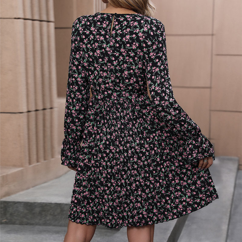 IKEARLAX cross-border 2025 2025 trade women's clothing fashion printed women's skirts waist autumn and winter new round neck long-sleeved dresses