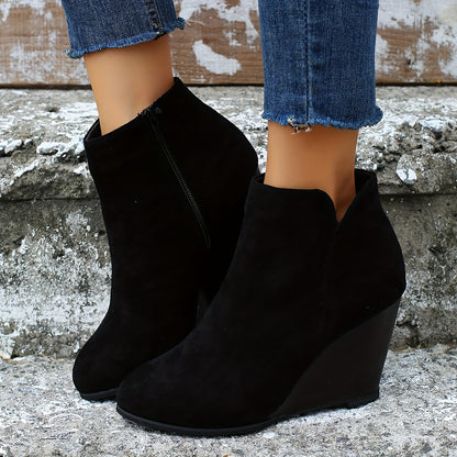 Women's Solid Color Boots, Side Zipper Heightening Wedge Casual Boots, Versatile Comfy Daily Shoes