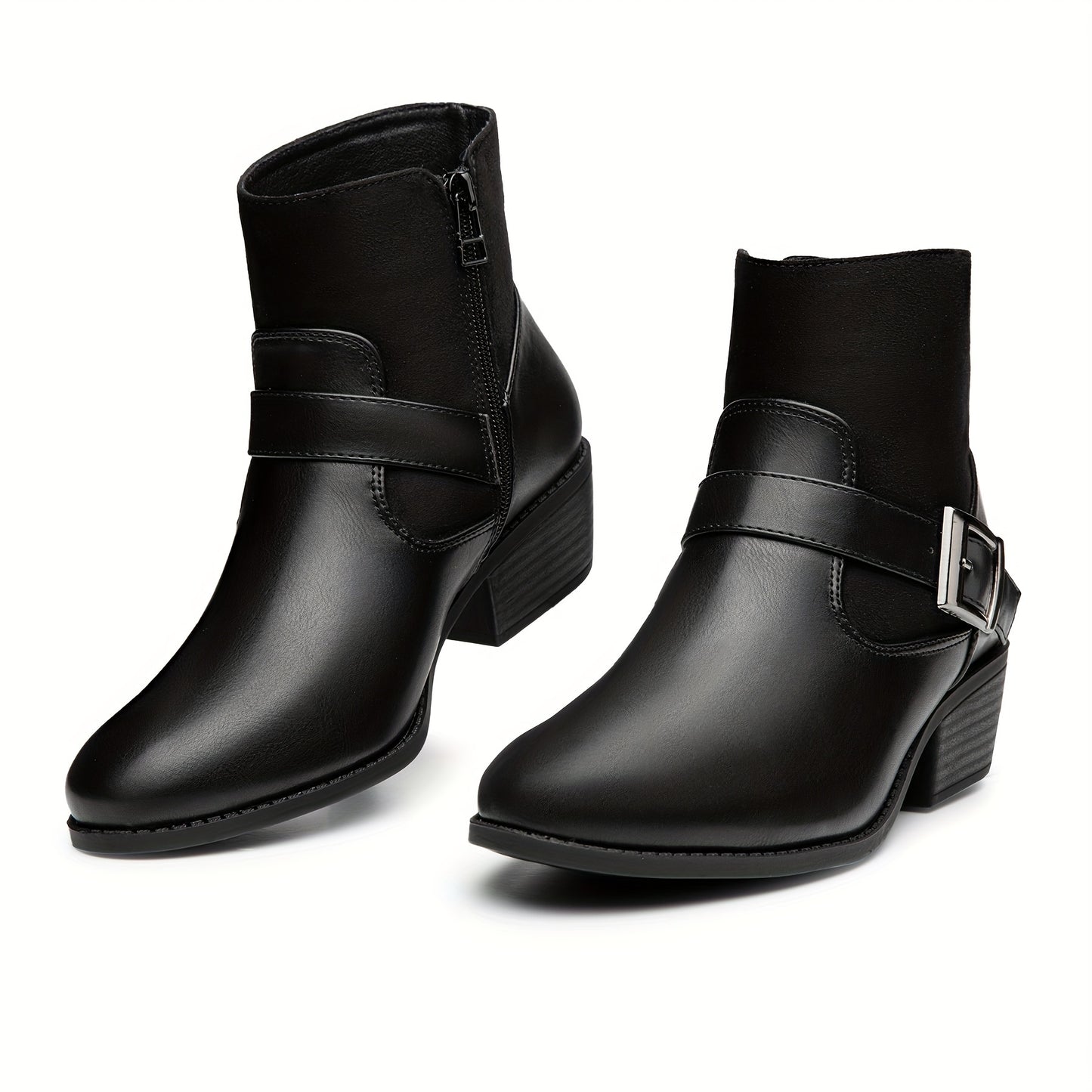 Trary GiTrary Womens Ankle Boots - Classic Round Toe Design, Comfortable Low Heel, Convenient Side Zipper, Stylish Winter Buckles, Soft Wool Lining - Chic Short Boots for Versatile Styling and Cold Weather