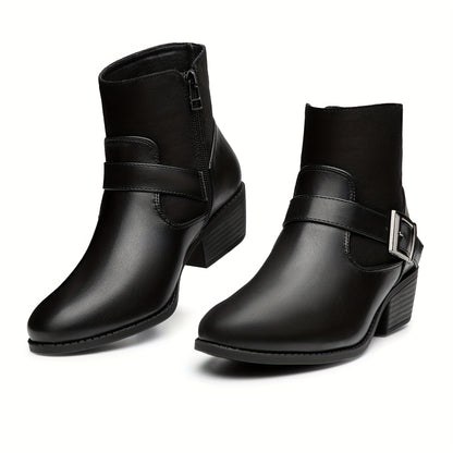 Trary GiTrary Womens Ankle Boots - Classic Round Toe Design, Comfortable Low Heel, Convenient Side Zipper, Stylish Winter Buckles, Soft Wool Lining - Chic Short Boots for Versatile Styling and Cold Weather