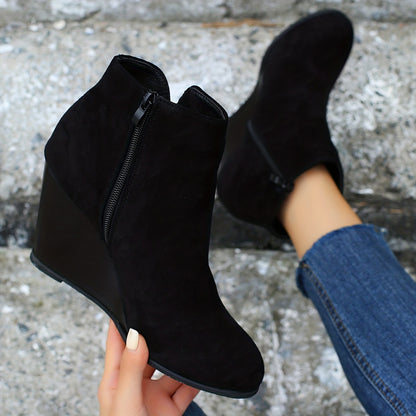 Women's Solid Color Boots, Side Zipper Heightening Wedge Casual Boots, Versatile Comfy Daily Shoes
