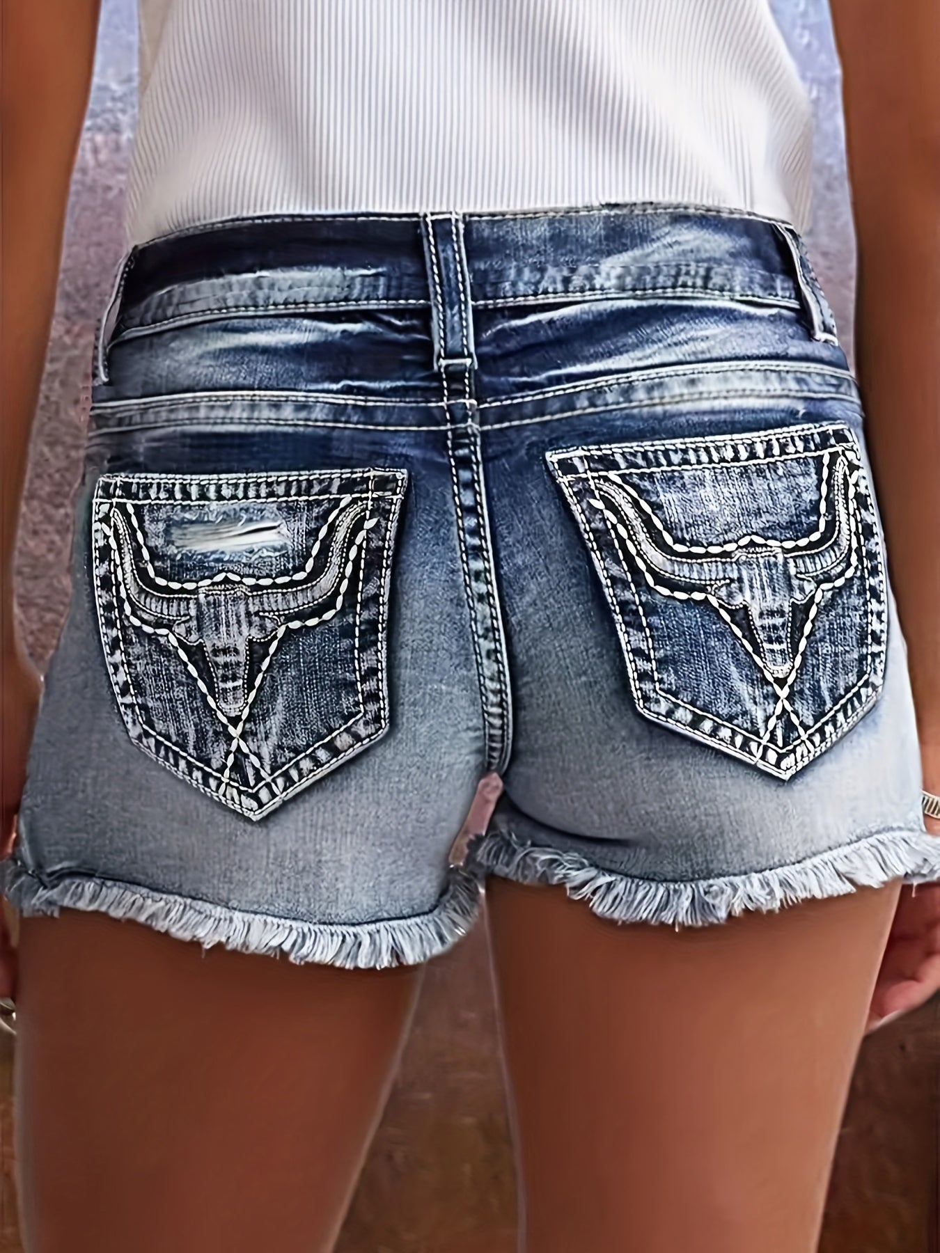 Womens Elegant Ripped Distressed Denim Shorts - Embroidered Pockets, Frayed Hem, Whiskered Vintage Style, Medium Stretch, Machine Washable, Solid Color, Spring/Summer Essential