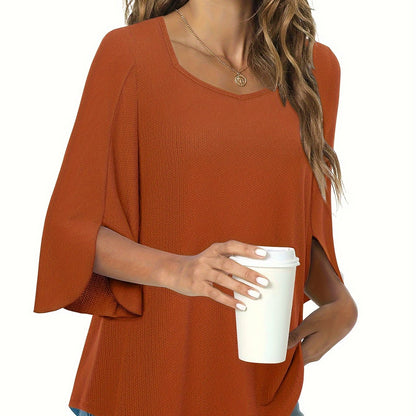 Three Quarter Sleeve Solid Heart Neck Casual T-Shirt - Soft Micro Elastic Polyester Fabric, Regular Length, Spring Summer Fall Wear - Womens Business Work Clothing