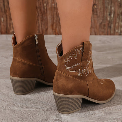 Women's Western Ankle Boots, Retro Embroidered V-cut Chunky Heeled Cowboy Boots, Casual Side Zipper Short Boots