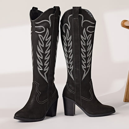 Western Cowboy Boots - Tall Knee High, Sleek Pointed Toe, Sturdy Chunky Heel - Classic Western Style for Women, Cowgirl Inspired, Timeless Black Color