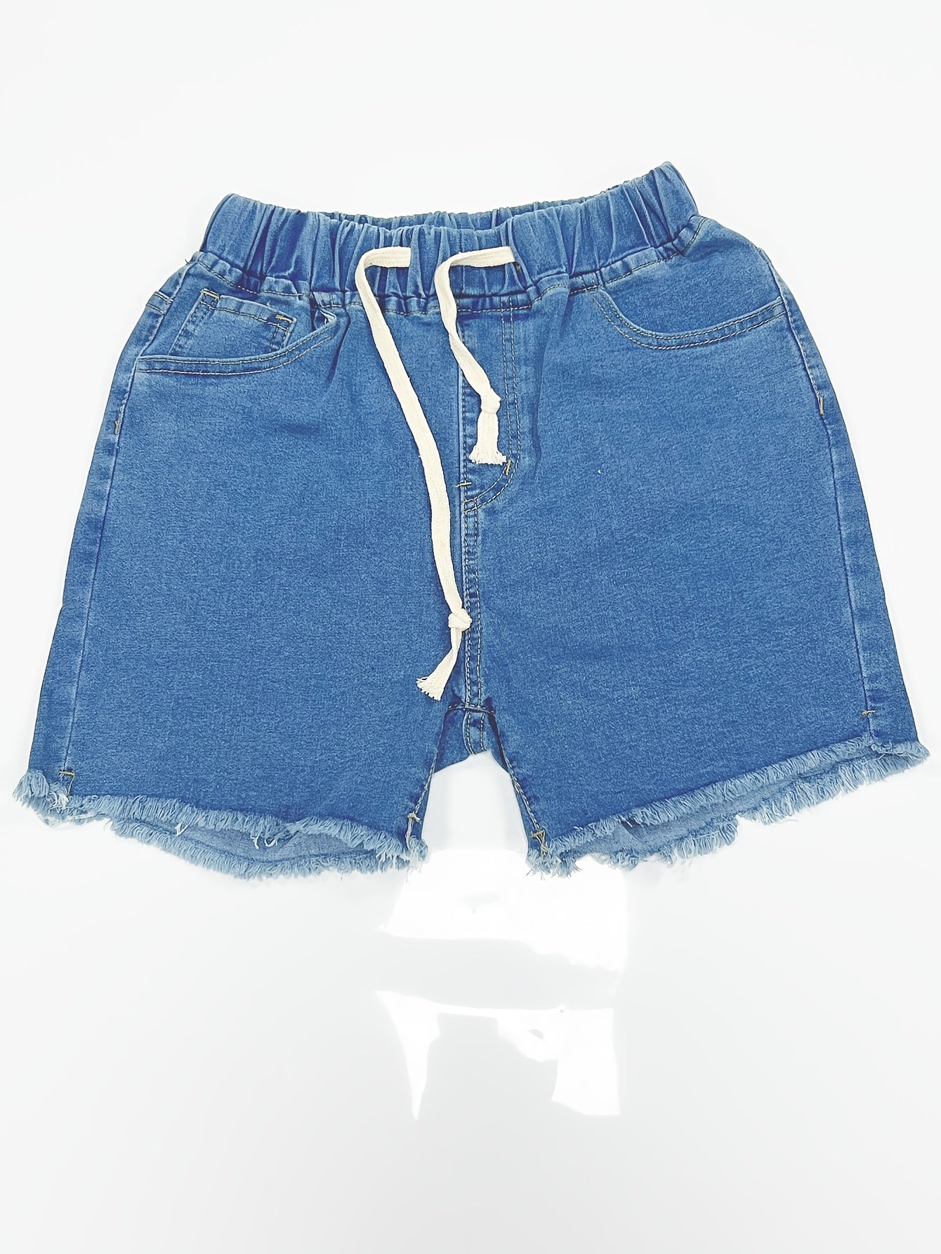 Womens Blue Denim Shorts - Comfortable Elastic Waistband with Adjustable Drawstring - Ultra-Stretch, Frayed Hem for Trendy Casual Style - High-Quality Jeans & Clothing Essential