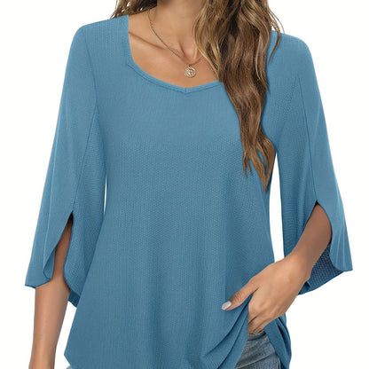 Three Quarter Sleeve Solid Heart Neck Casual T-Shirt - Soft Micro Elastic Polyester Fabric, Regular Length, Spring Summer Fall Wear - Womens Business Work Clothing