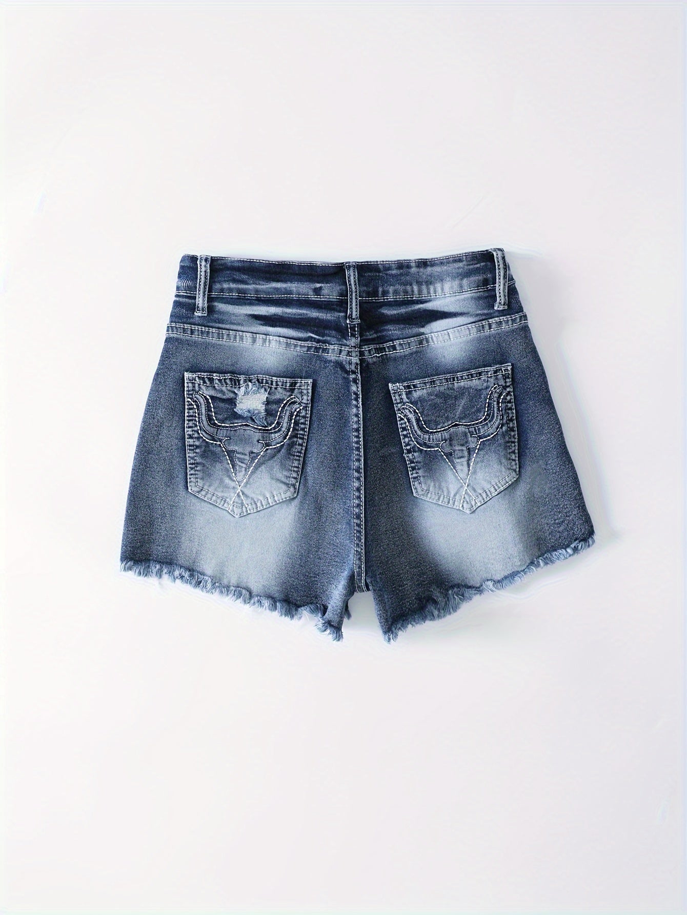 Womens Elegant Ripped Distressed Denim Shorts - Embroidered Pockets, Frayed Hem, Whiskered Vintage Style, Medium Stretch, Machine Washable, Solid Color, Spring/Summer Essential