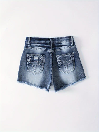 Womens Elegant Ripped Distressed Denim Shorts - Embroidered Pockets, Frayed Hem, Whiskered Vintage Style, Medium Stretch, Machine Washable, Solid Color, Spring/Summer Essential