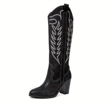 Western Cowboy Boots - Tall Knee High, Sleek Pointed Toe, Sturdy Chunky Heel - Classic Western Style for Women, Cowgirl Inspired, Timeless Black Color
